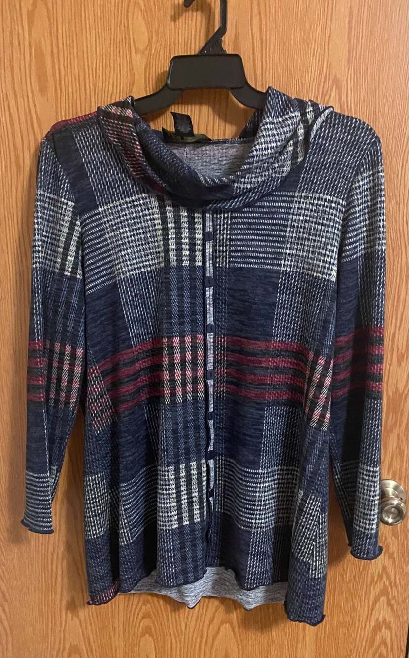 Pure Essence Plaid Button Front Cowl Neck Tunic Top